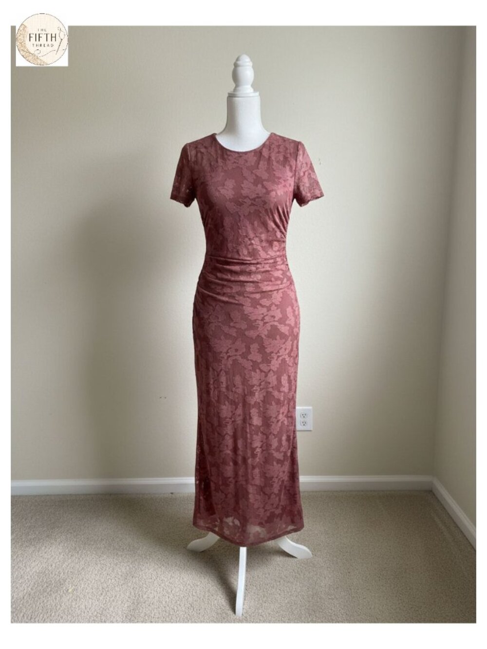 Floral Mesh Bodycon Midi Dress with Back Slit Short Sleeve